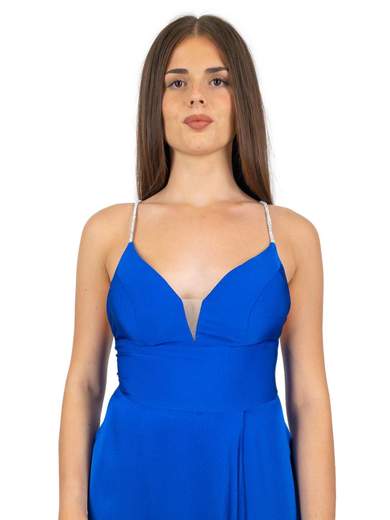 Abito Lungo Cerimonia con Spalline Ricoperte di Strass e Spacco - Elegante Vestito da Cerimonia Donna
