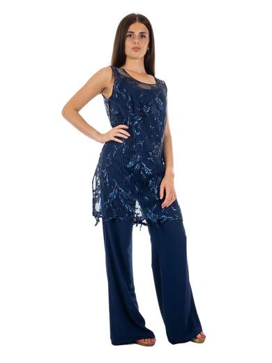 Completo elegante da cerimonia donna con top in pizzo e pantaloni ampi