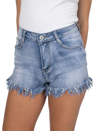 Shorts donna in denim con frange a vita alta