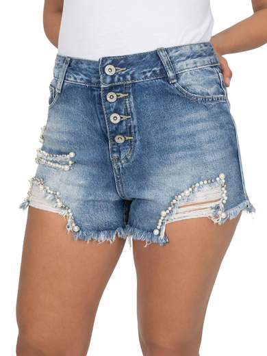 Pantaloncini jeans donna con perline a vita alta strappati