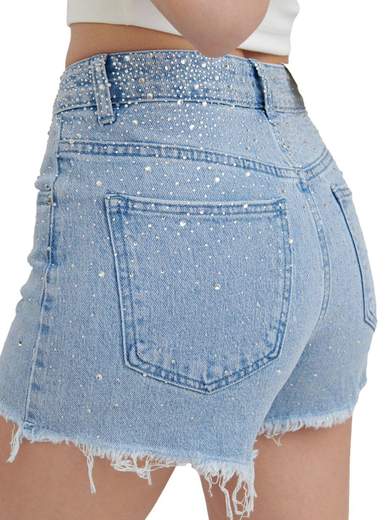 Shorts in denim con strass e frange da ragazza