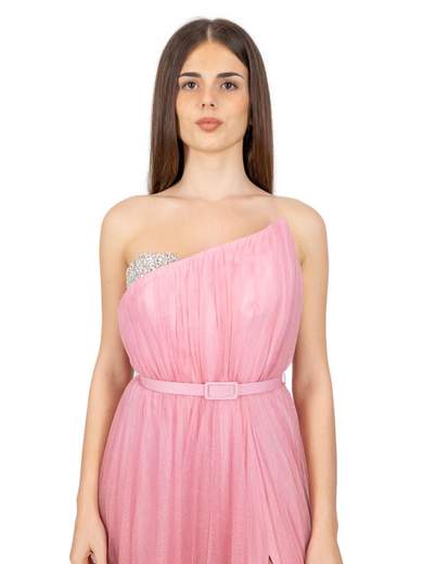 Bianca Brandi Vestito Da Cerimonia Lungo In Tulle Glitterato Con Spacco