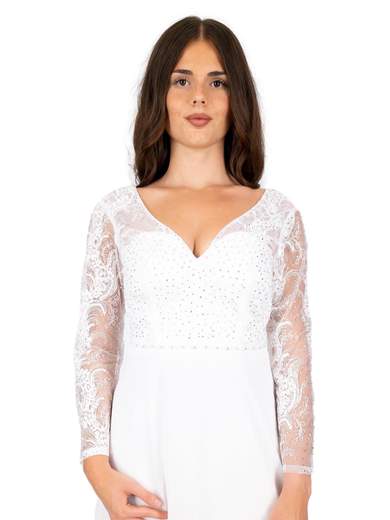 Abito da sposa lungo bianco in pizzo e strass A291099-4296-ANNITA-BIANCO
