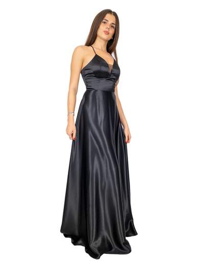 Vestito lungo elegante in raso con spalline sottili da sera