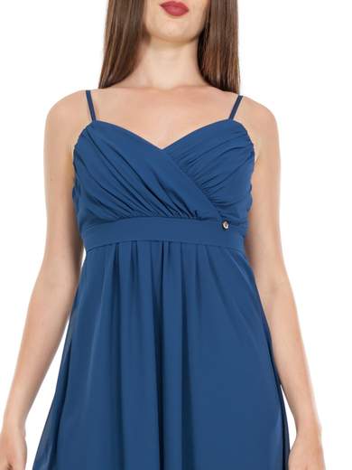 Abito Lungo Cerimonia Stile Impero con Scollo a Cuore e Spalline Sottili