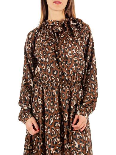 Vestito maniche lunghe con fiocco al collo svasato animalier