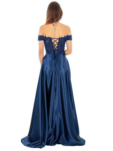 Vestito da cerimonia con gonna lunga in raso e top in pizzo