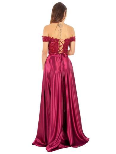 Vestito da cerimonia con gonna lunga in raso e top in pizzo