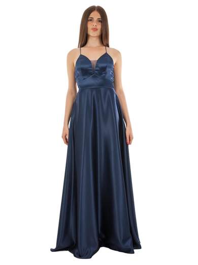 STRABELLO CERIMONIA Abito lungo elegante in raso con scollo a V e spalline incrociate A29499-3953-CINZIA
