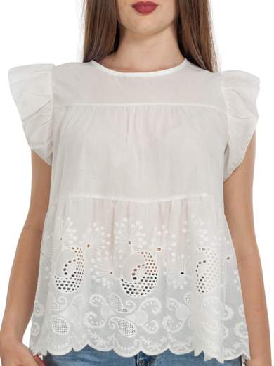 Blusa Donna Manica Corta Estiva In Cotone Con Ricami