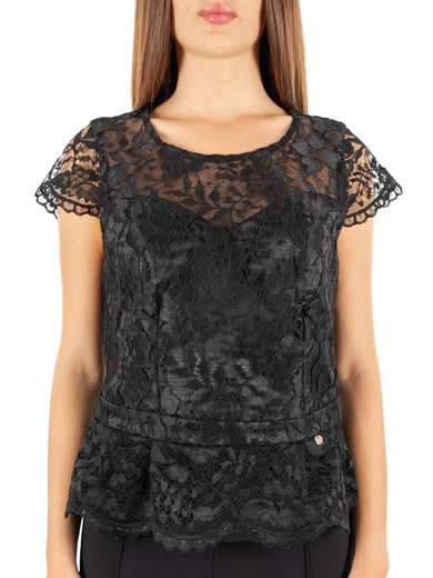 KITANA Blusa Donna Pizzo Elegante Da Sera Nero Taglie Comode Smanicata
