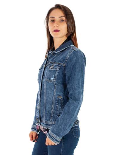 Giacca jeans donna blu scuro con bottoni maniche lunghe