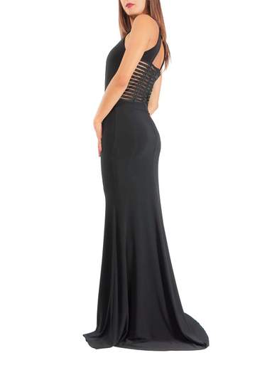 Vestito lungo elegante da sera con spacco e scollo all'americana