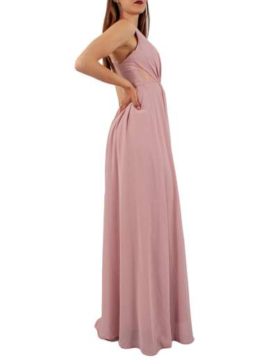 Long evening dress with V-neckline and rhinestone details