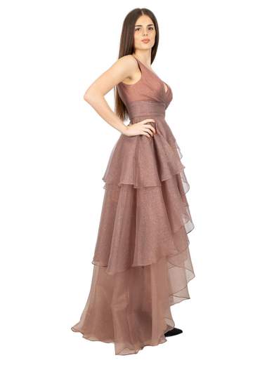 Abito cerimonia corto davanti e lungo dietro in organza glitterata