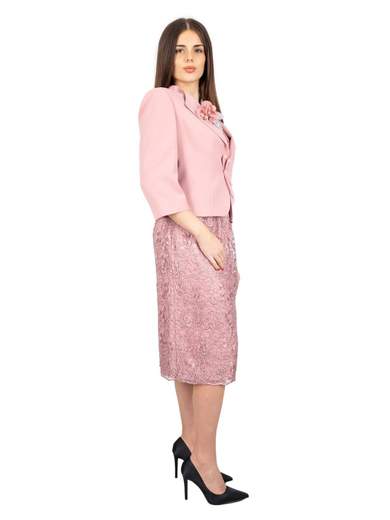 Abito da cerimonia corto calibrato in pizzo per signora con giacca