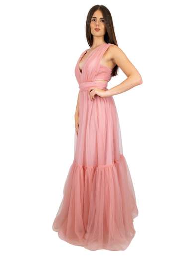 Abito lungo elegante da cerimonia in tulle con scollatura profonda