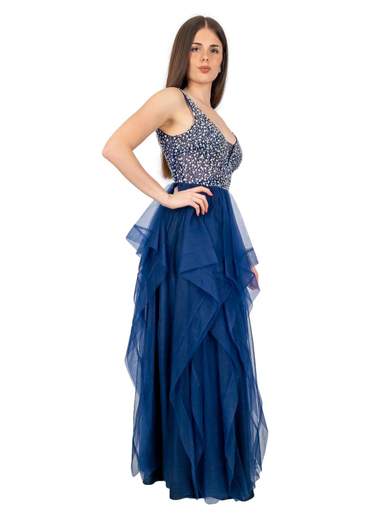 Abito da cerimonia lungo in tulle asimmetrico corpetto con strass