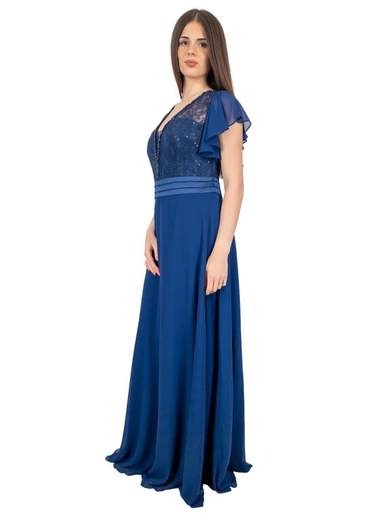 Abito da Cerimonia Lungo Blu in Chiffon con Pizzo e Strass