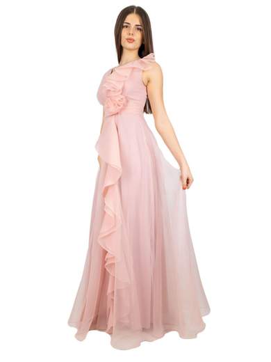 Long Organza Evening Dress with Ruffles and Slit