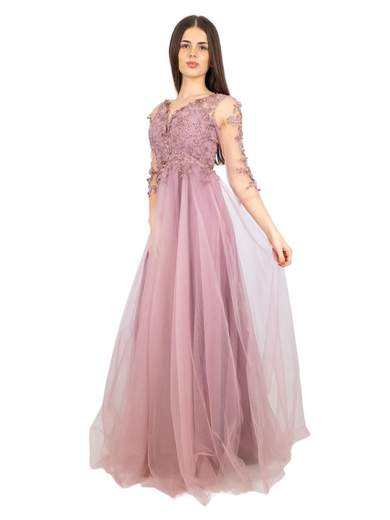 Abito lungo cerimonia maniche lunghe da principessa in tulle