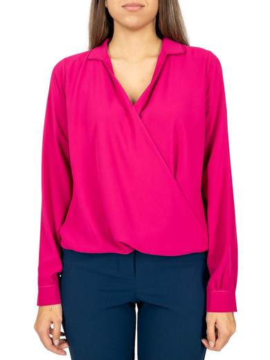 Blusa donna elegante con scollo incrociato manica lunga asimmetrica