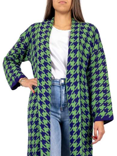 BLUE JOINT Cardigan Lungo Donna Maxi Invernale Aperto Pied De Poule
