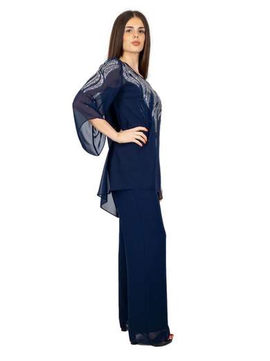 Completo elegante blu donna per cerimonia con casacca e pantalone