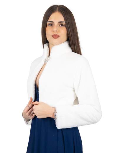 Elegant short faux fur jacket with decorative brooch