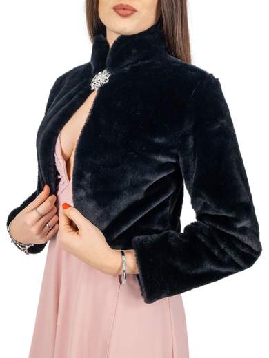 Elegant short faux fur jacket with decorative brooch