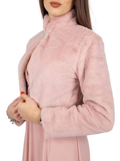 Elegant short faux fur jacket with decorative brooch