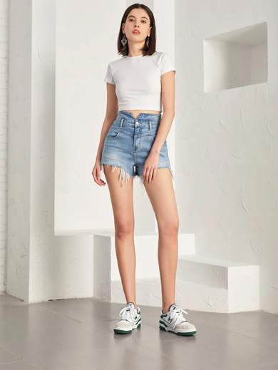 Pantaloncini jeans a vita alta sfrangiati denim donna slim