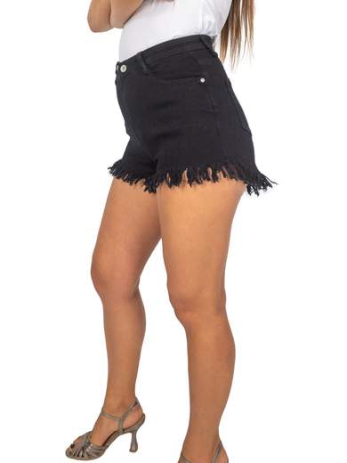 Shorts donna in denim con frange a vita alta