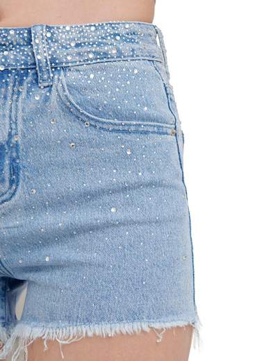 Shorts in denim con strass e frange da ragazza