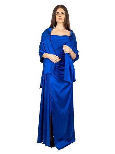 Vestito cerimonia lungo in raso con spacco e scollo a barca