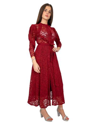 Vestito chemisier in pizzo macramè midi a manica lunga