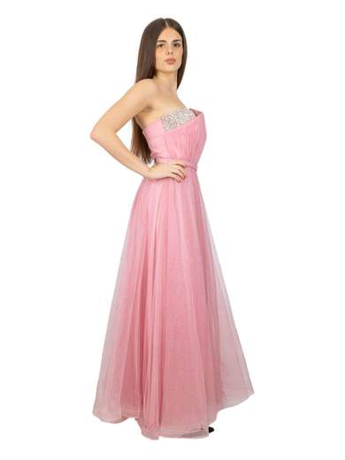 Bianca Brandi Vestito Da Cerimonia Lungo In Tulle Glitterato Con Spacco