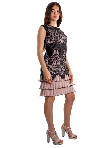 Vestito corto elegante in pizzo e balze in chiffon cerimonia