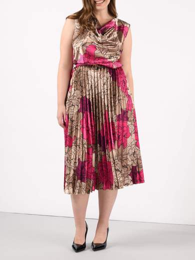 Vestito elegante taglie forti a fiori in raso con gonna plissé
