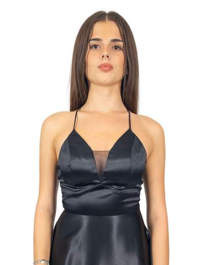 Vestito lungo elegante in raso con spalline sottili da sera