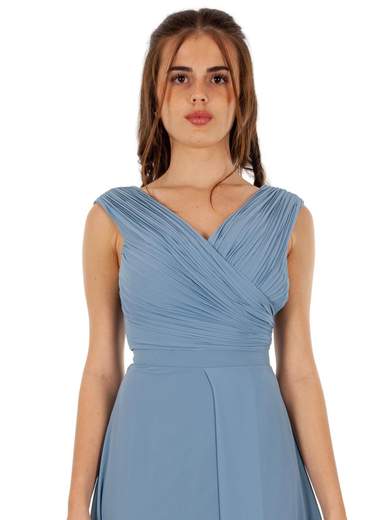 Abito Cerimonia Lungo Slim Fit con Spacco e Corpetto Plissettato