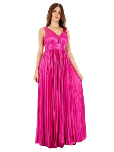 Abito lungo da cerimonia plissettato stile impero con scollo a V in raso fucsia