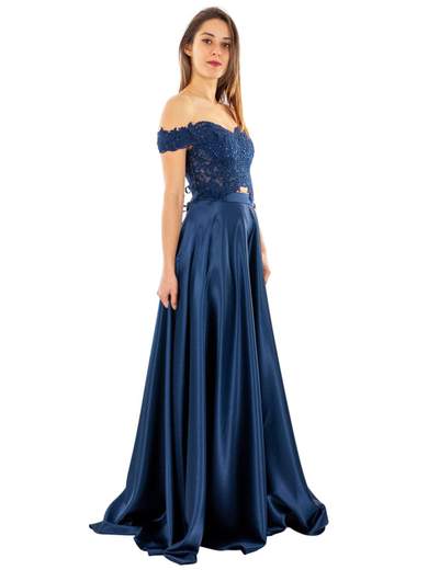 Vestito da cerimonia con gonna lunga in raso e top in pizzo