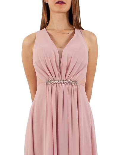 Long evening dress with V-neckline and rhinestone details