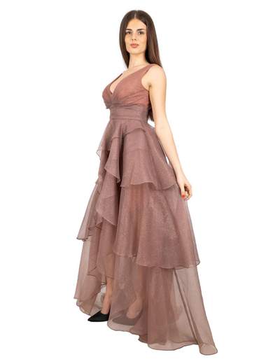 Abito cerimonia corto davanti e lungo dietro in organza glitterata