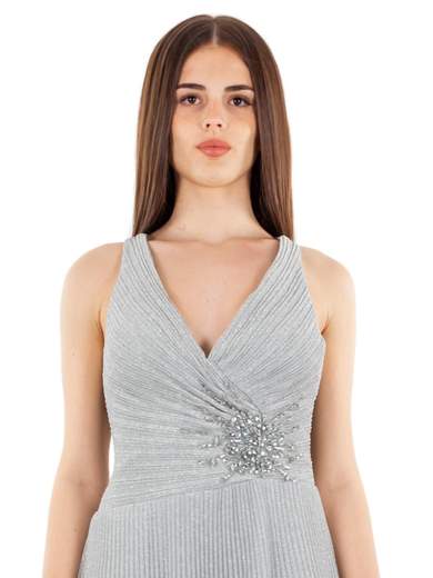 Sologioie Vestito Lungo Cerimonia Elegante Glitterato E Plissettato