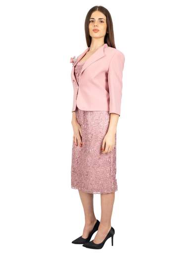 Abito da cerimonia corto calibrato in pizzo per signora con giacca