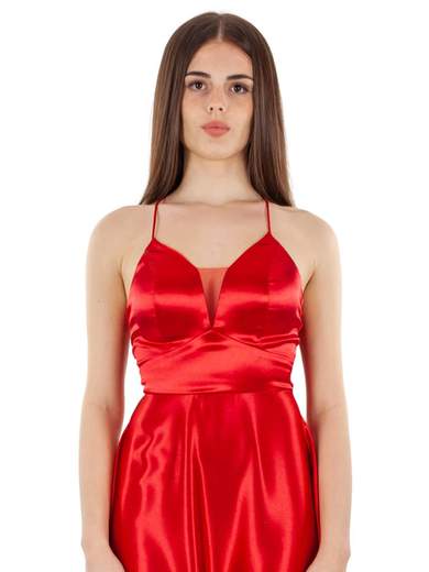 STRABELLO CERIMONIA Abito lungo elegante in raso con scollo a V e spalline incrociate A29499-3953-CINZIA