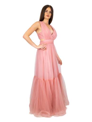 Abito lungo elegante da cerimonia in tulle con scollatura profonda