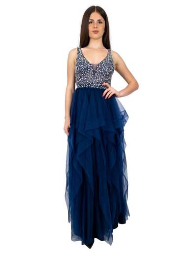 Abito da cerimonia lungo in tulle asimmetrico corpetto con strass